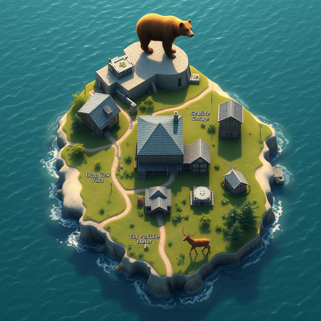 A highly realistic small map surrounded by a beautiful sea, showcasing several uniquely shaped houses