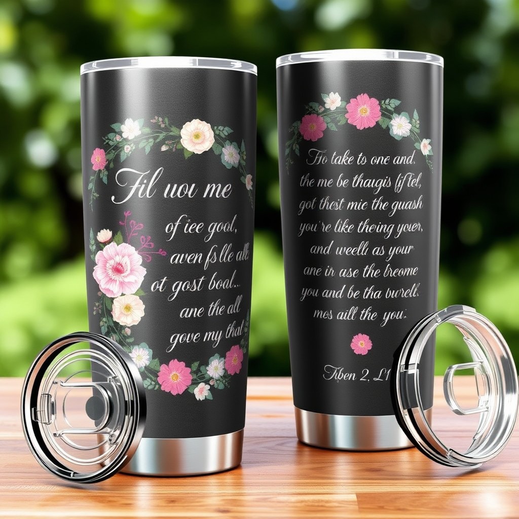 A beautifully designed tumbler featuring an inspiring Bible verse