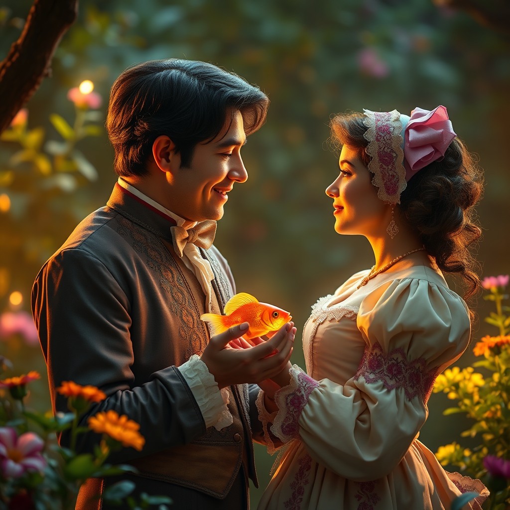 A romantic and beautiful moment capturing Aureliano Buendía as he lovingly gives a goldfish to Remedios Moscote