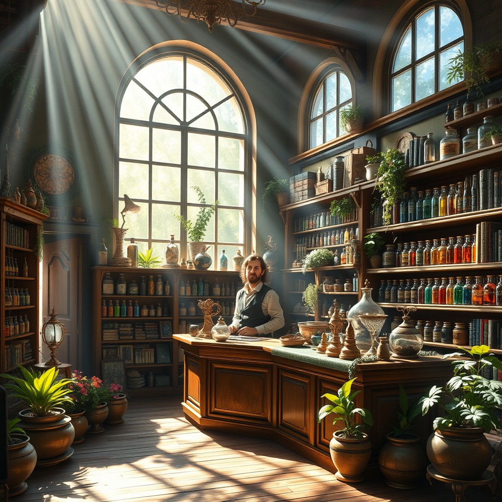 The interior of a magical shop, beautifully illuminated by sunlight streaming through large, arched windows, casting soft rays across the room