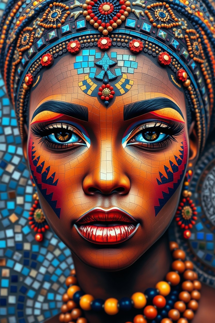 A vibrant mosaic portrait of a woman featuring a symmetrical split face, showcasing rich jewel-toned colors including blues, golds, oranges, reds, and browns