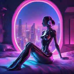 A young, aesthetically pleasing cyborg girl with cybernetic arms and legs, comfortably resting on a bed next to an oval-shaped window overlooking a dystopian city bathed in neon lights.