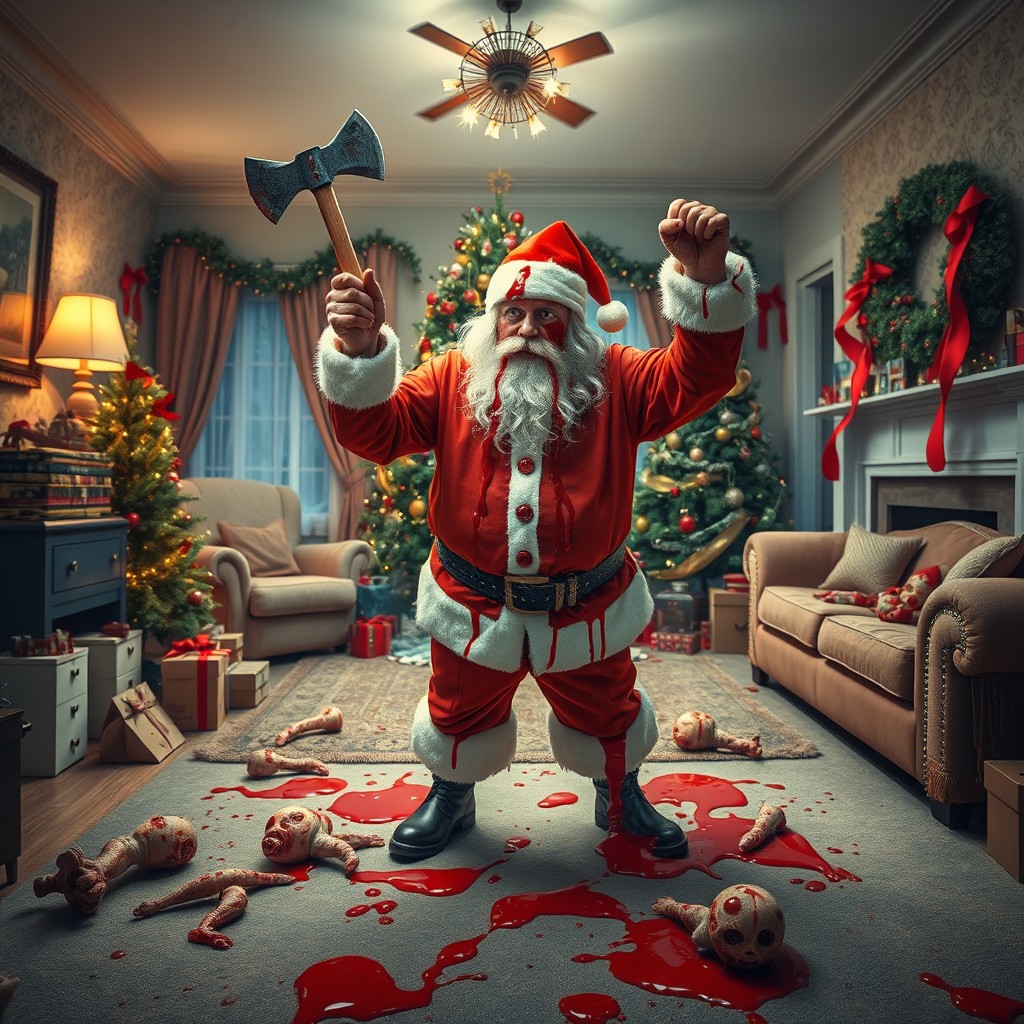 A festive Christmas-themed living room decorated with holiday decorations including a tree and lights
