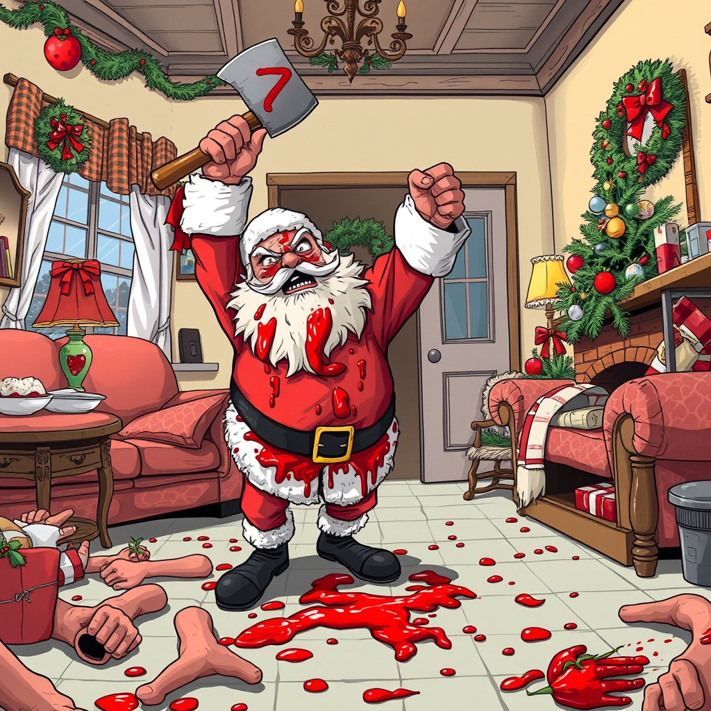 A Christmas-decorated home interior salon featuring a furious Santa Claus raising an axe, covered in tomato sauce, with the floor scattered with arms and tomato sauce
