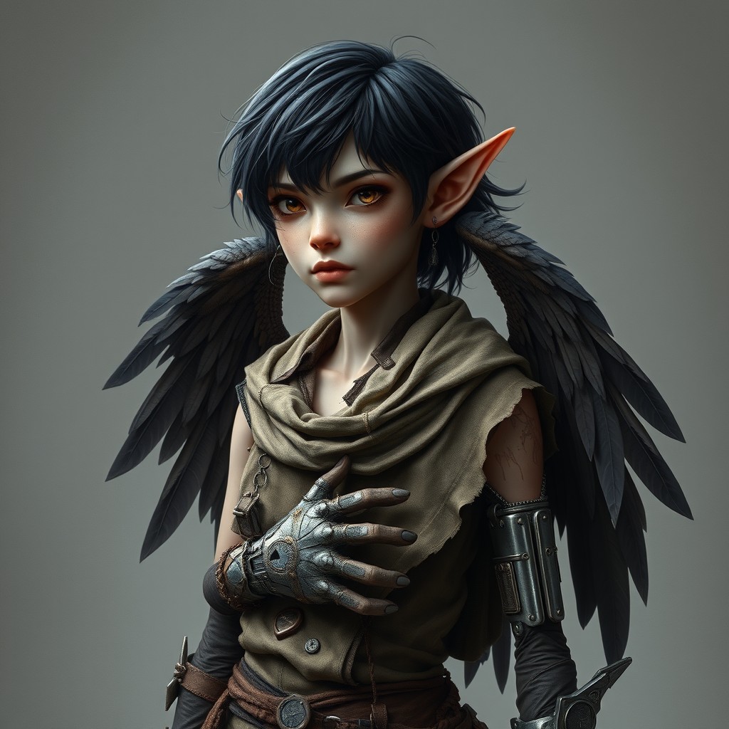 A half-elf inventor with a height of 158cm and weight of 57kg, aged 23