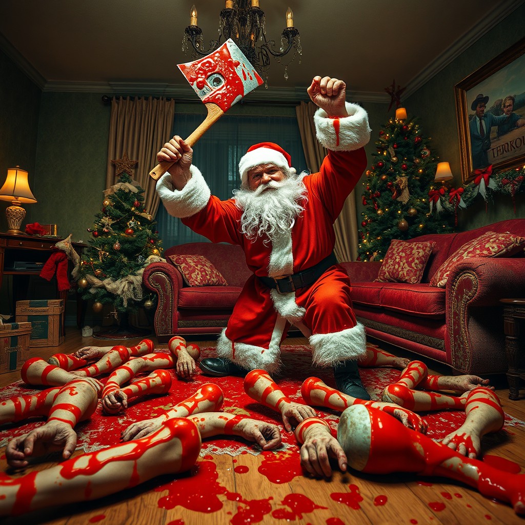 An interior living room decorated for Christmas, featuring an angry Santa Claus raising an axe covered in tomato sauce