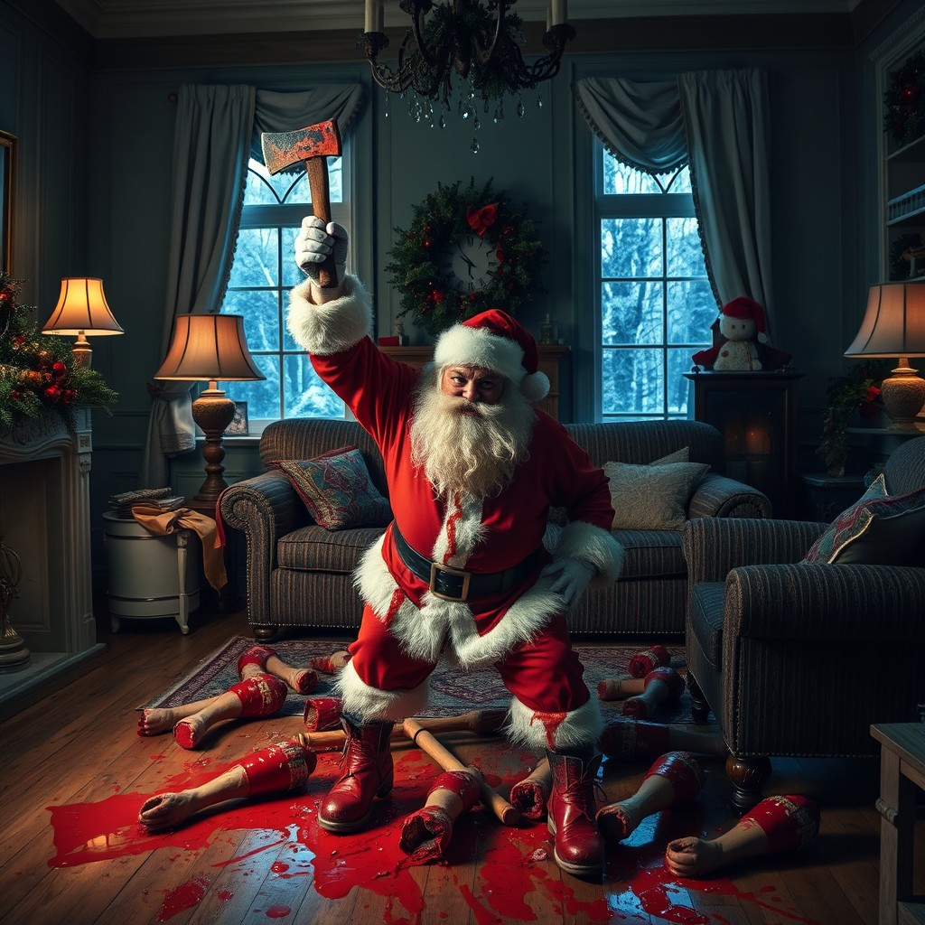 A beautifully decorated Christmas living room with a cozy salon atmosphere, featuring traditional holiday decorations