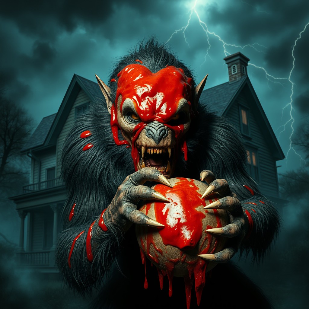 A furious werewolf covered in tomato sauce, gripping a severed head in its claws