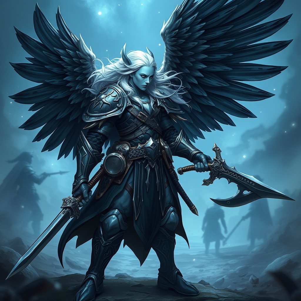 A strong and valiant Fallen Aasimar character, showcasing one magnificent black feathered wing