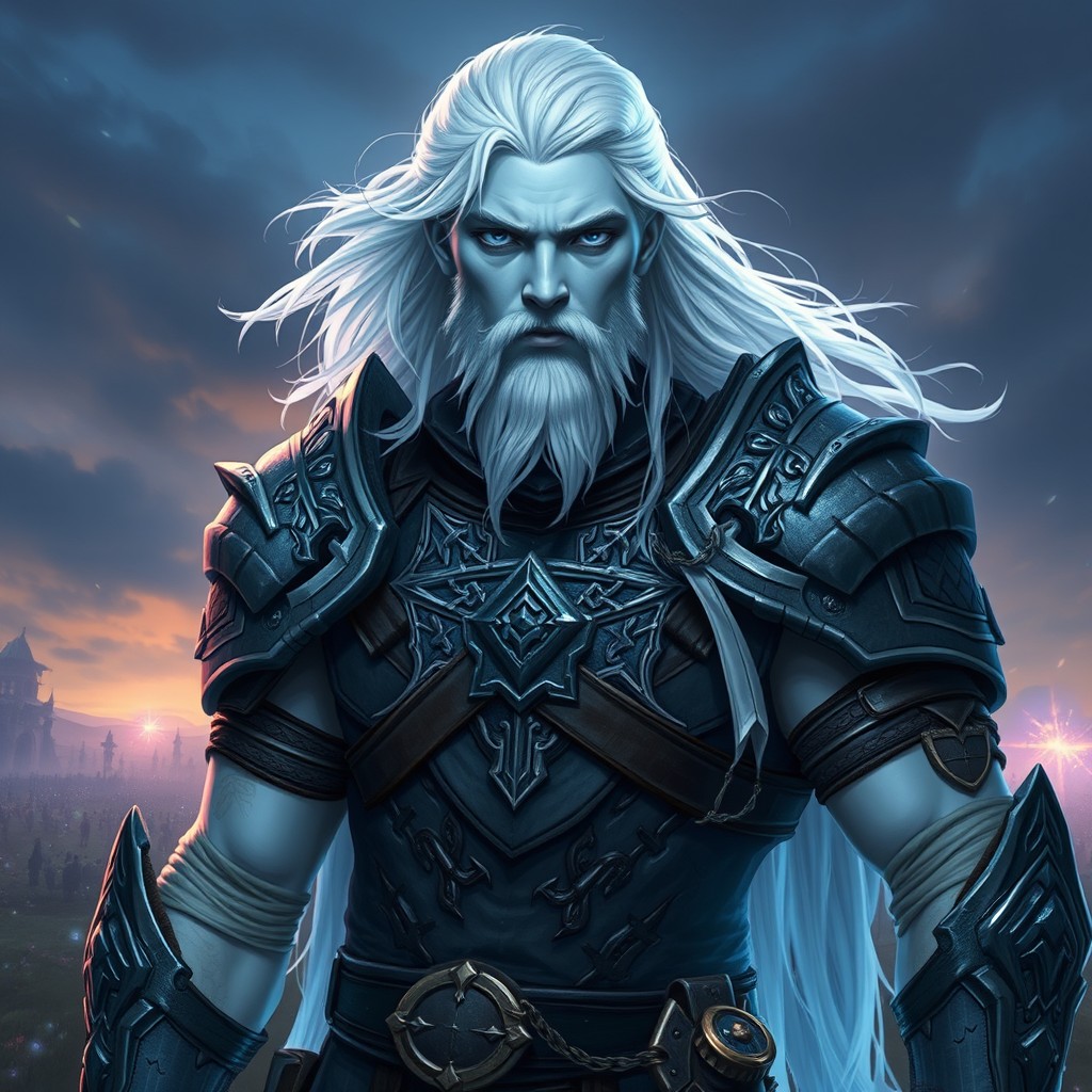 A tall, 6’5” fallen aasimar male, depicting a fierce fighter or soldier