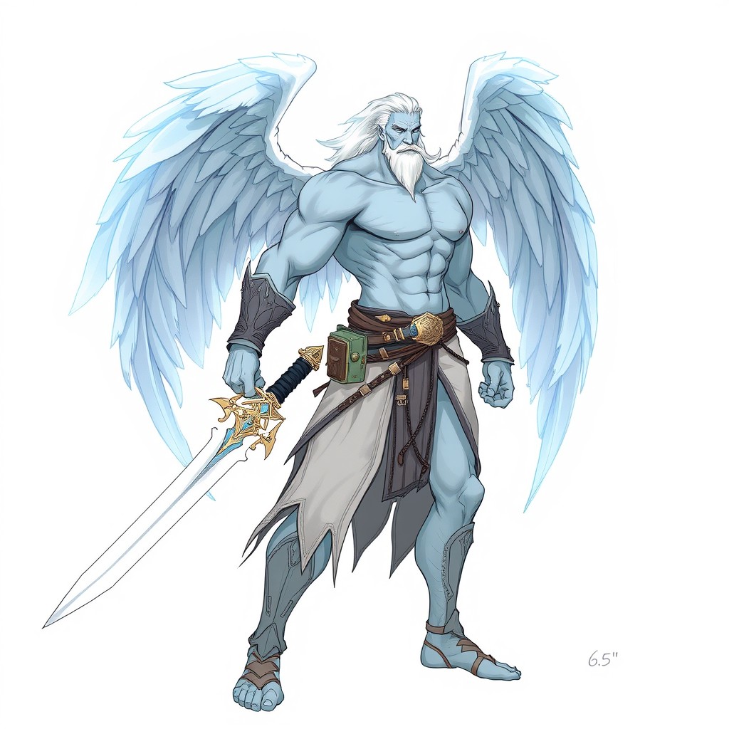 A tall fallen aasimar male fighter, standing at 6’5”, with an athletic build
