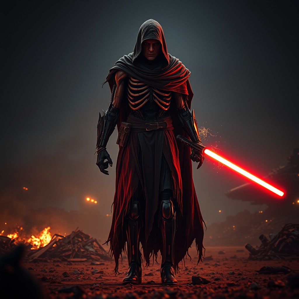 A towering half-cyborg man in a tattered dark cloak stands in the middle of a scorched battlefield, his silhouette sharp and skeletal reminiscent of General Grievous but with more organic flesh intact