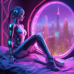 A young, aesthetically pleasing cyborg girl with cybernetic arms and legs, comfortably resting on a bed next to an oval-shaped window overlooking a dystopian city bathed in neon lights.