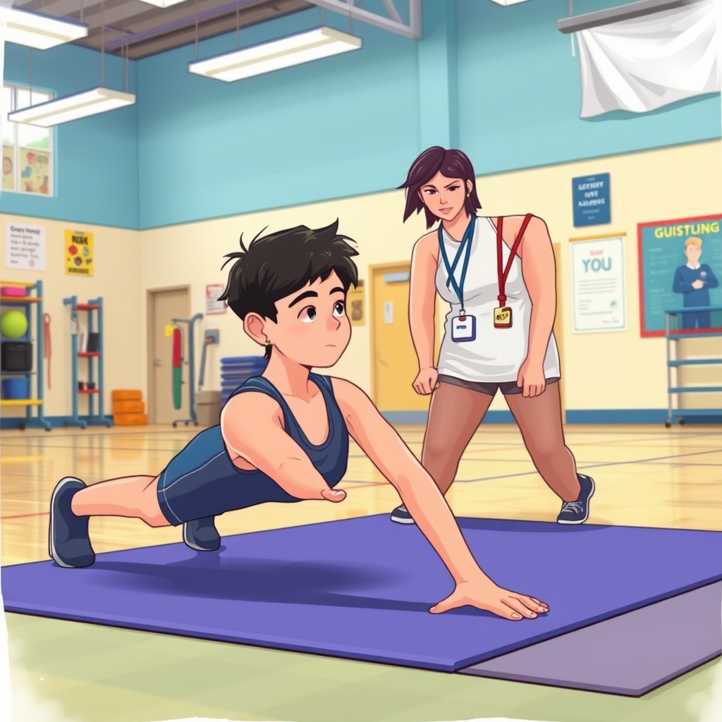 An illustration capturing a scene in a physical education class where a dedicated student is practicing a plank exercise on a gym mat