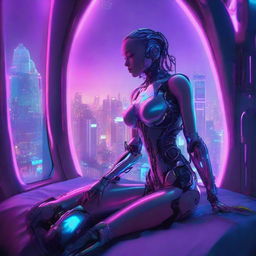 A young, aesthetically pleasing cyborg girl with cybernetic arms and legs, comfortably resting on a bed next to an oval-shaped window overlooking a dystopian city bathed in neon lights.