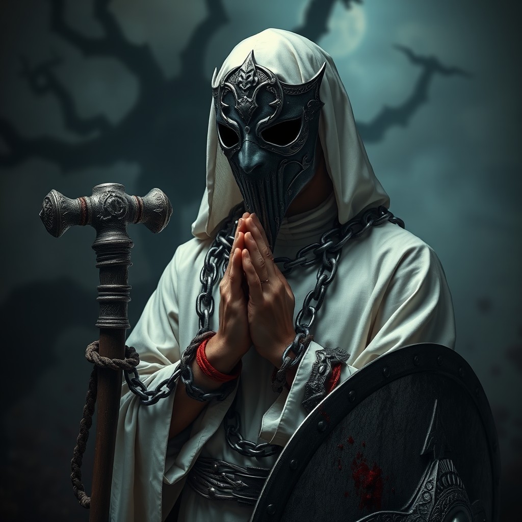 A young priest in a white robe, wearing an iron mask, his hands clasped in prayer, bound with chains that are intricately carved with hands