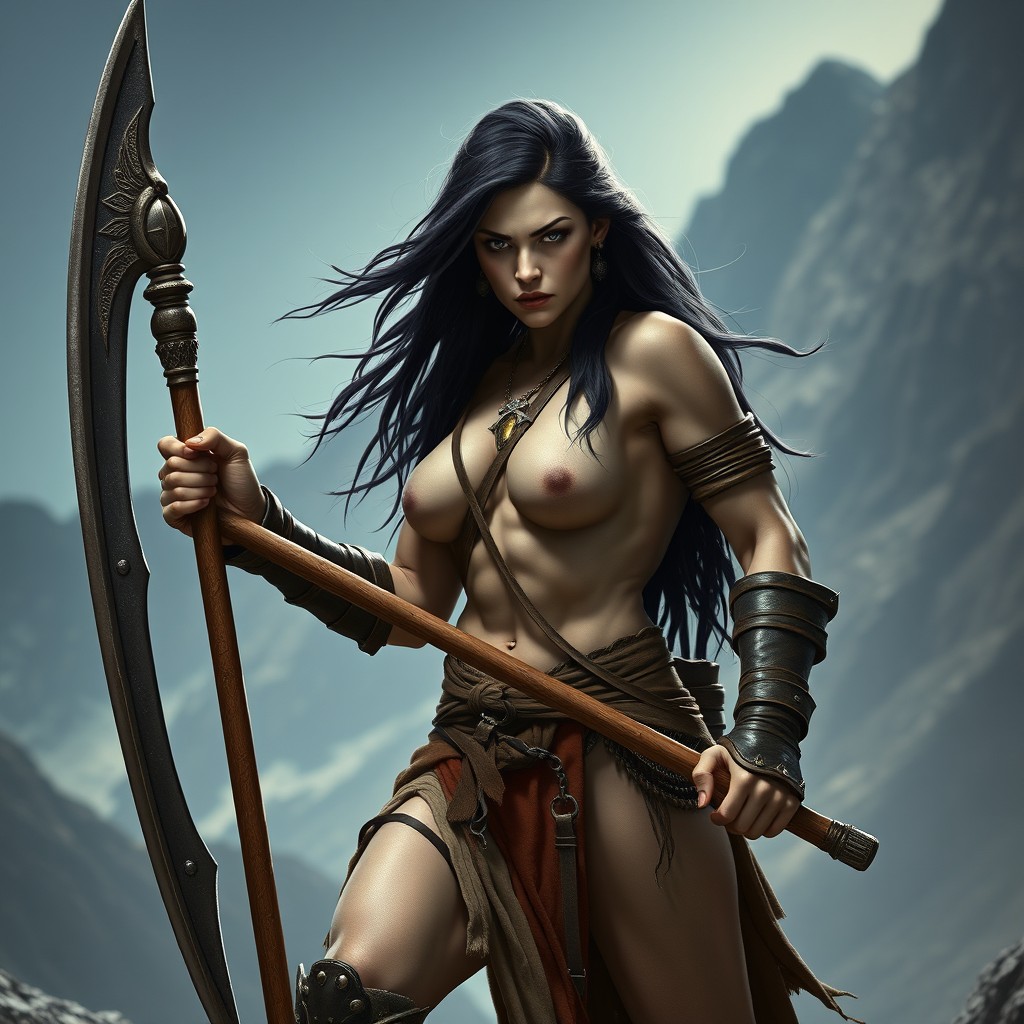 A fierce female goliath barbarian standing poised with a halberd in her hands