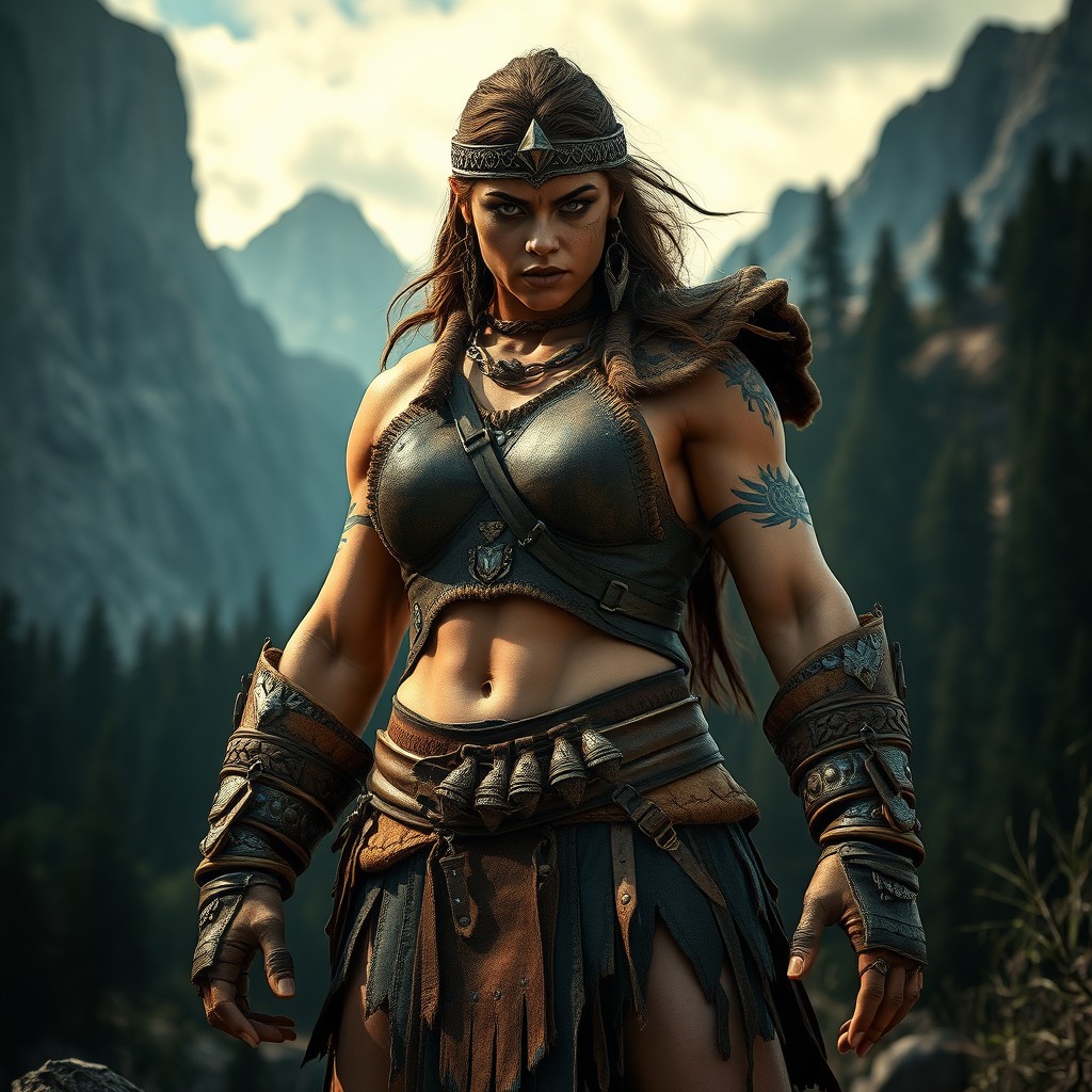 A powerful female Goliath barbarian standing fiercely unarmed, showcasing her immense strength and imposing presence