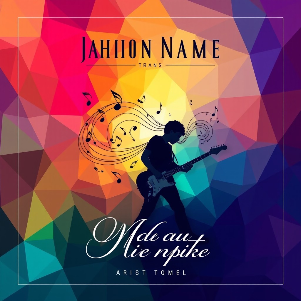 A striking album cover design, featuring an abstract geometric background with vibrant colors blending together in a harmonious way