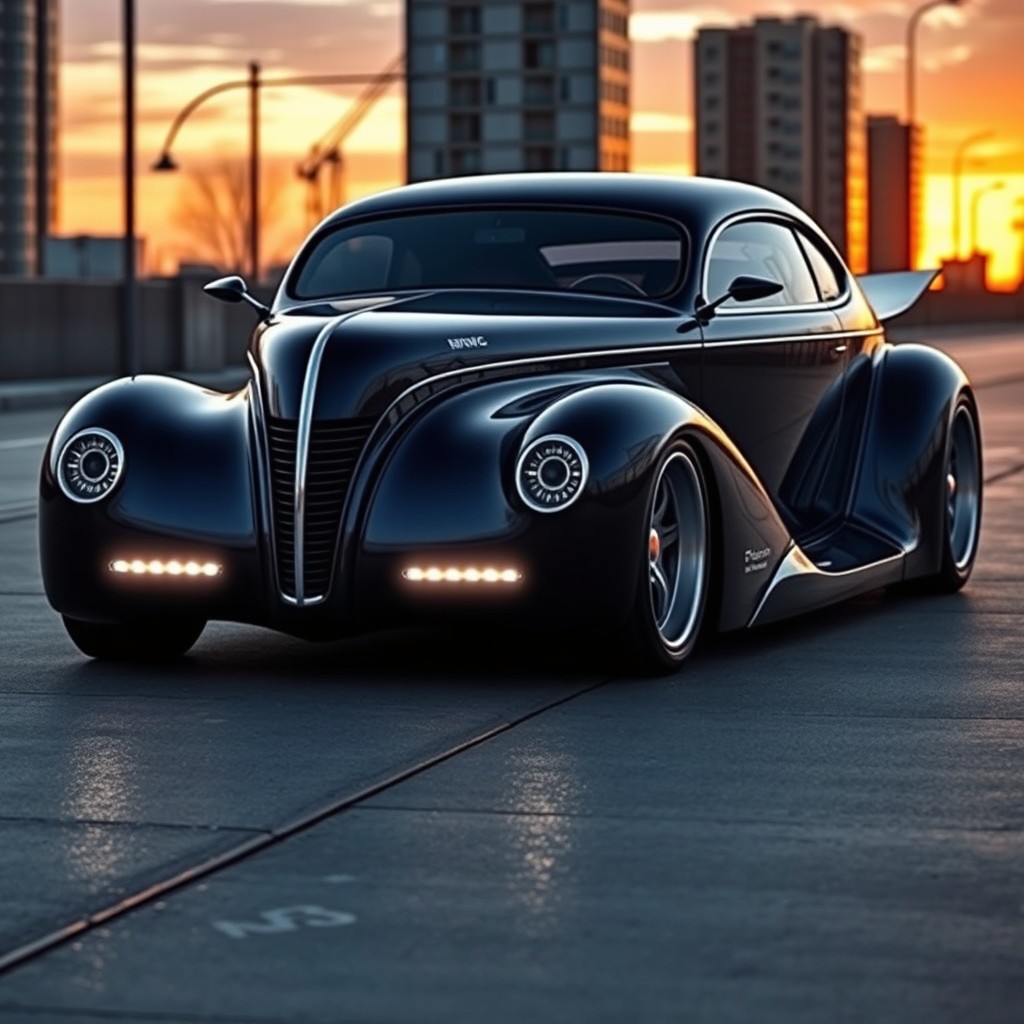 A stunning fusion of a 1939 Chevrolet Coupe and a futuristic BMW, designed as an exotic supercar