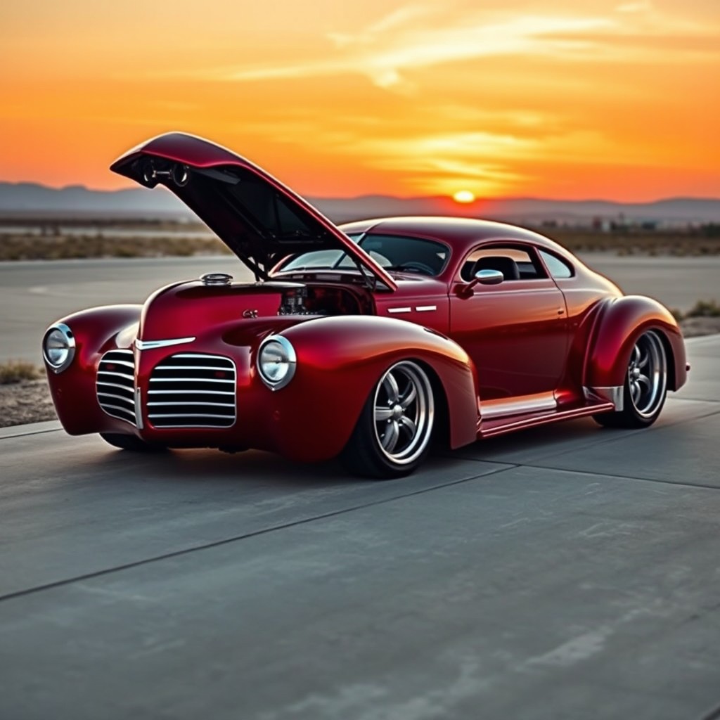 A breathtaking exotic supercar that fuses the retro aesthetics of a 1939 Chevrolet Coupe with a modern twist, featuring a unique design with no fenders
