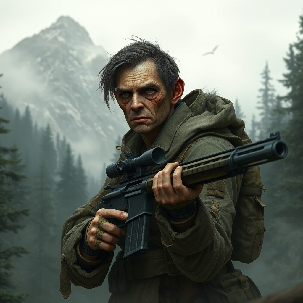 A character concept of a human sniper, looking haggard and sickly, set in a dense forest with towering mountains in the background