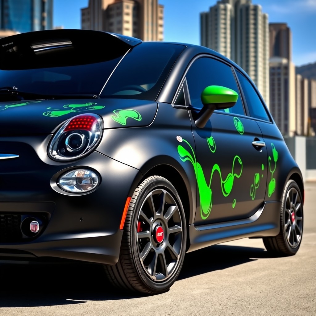 A sleek black Fiat Brava with a matte finish, adorned with vibrant green stickers that add a pop of color