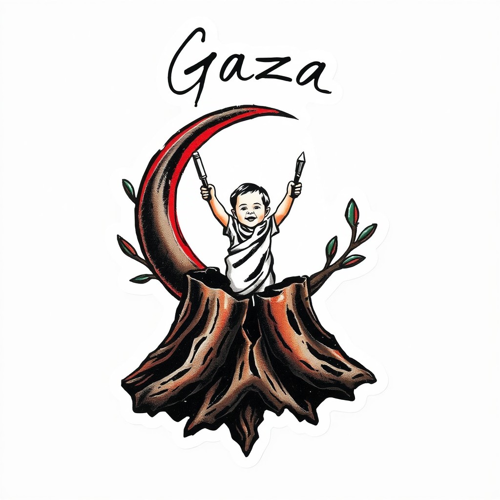A powerful and symbolic visual emblem depicting a broken olive trunk that is charred and fractured, representing the land, roots, and identity that have been burned and bombed
