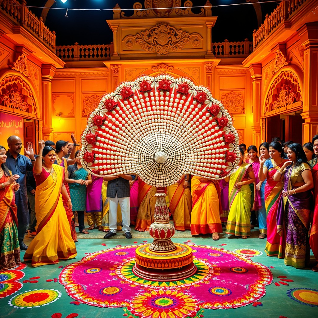 A vibrant and colorful scene showcasing a traditional Indian festival celebration featuring a large, ornate Moti Rand (a decorative hand-held fan made from pearls) prominently at the center
