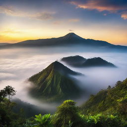 A breathtaking view of Gunung (mountain) at sunrise, with vibrant skies and a misty atmosphere.