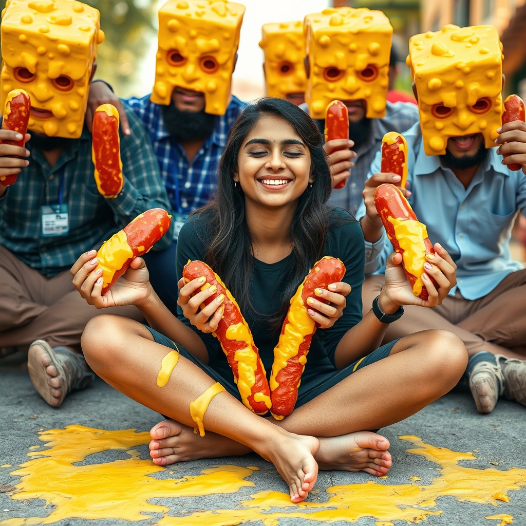 A hot Pakistani 18-year-old girl with beautiful features, sitting criss-cross on the ground, smiling with her eyes closed in a cheerful pose