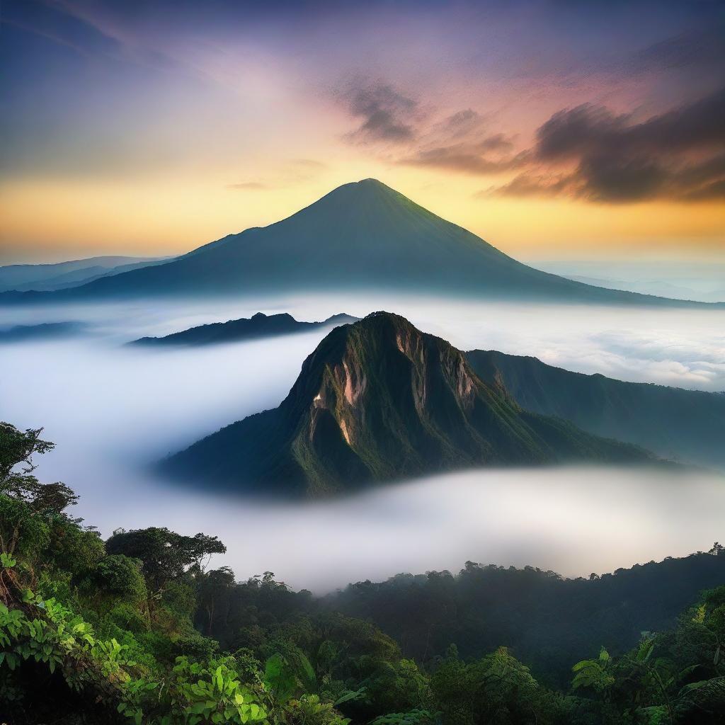 A breathtaking view of Gunung (mountain) at sunrise, with vibrant skies and a misty atmosphere.