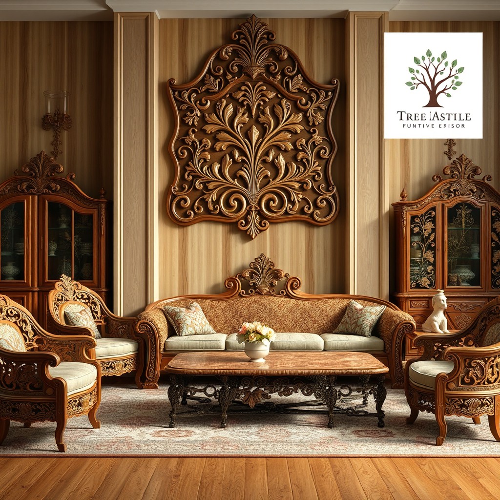 A high-quality advertisement showcasing the craftsmanship of a furniture design company, featuring a beautifully arranged display of intricate wooden furniture highlighted by complex botanical motifs reminiscent of the Victorian era
