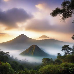 A breathtaking view of Gunung (mountain) at sunrise, with vibrant skies and a misty atmosphere.