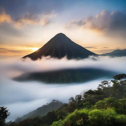 A breathtaking view of Gunung (mountain) at sunrise, with vibrant skies and a misty atmosphere.