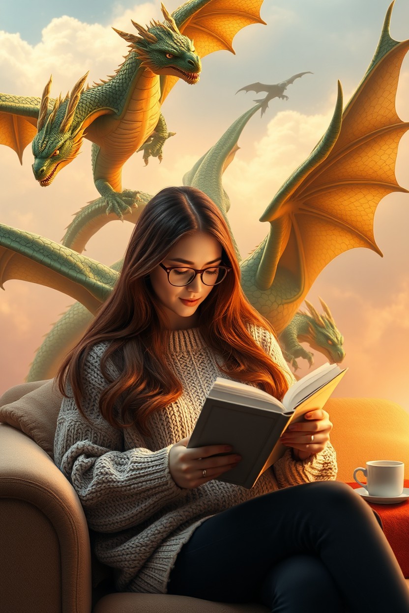 A serene scene of a woman sitting comfortably, engrossed in reading a book