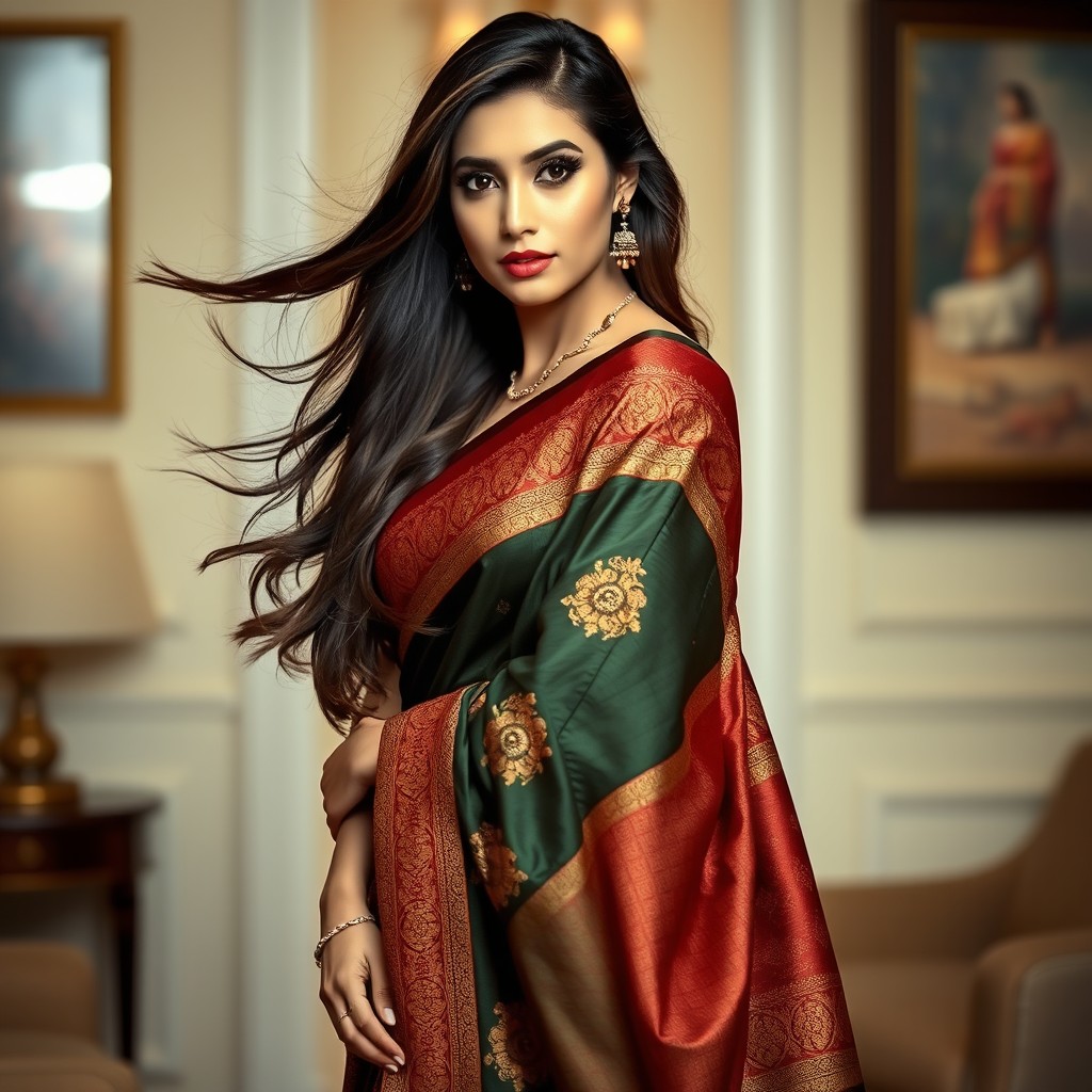 A stunning woman wearing a traditional saree that elegantly drapes, featuring intricate patterns and vibrant colors like red, gold, and deep green
