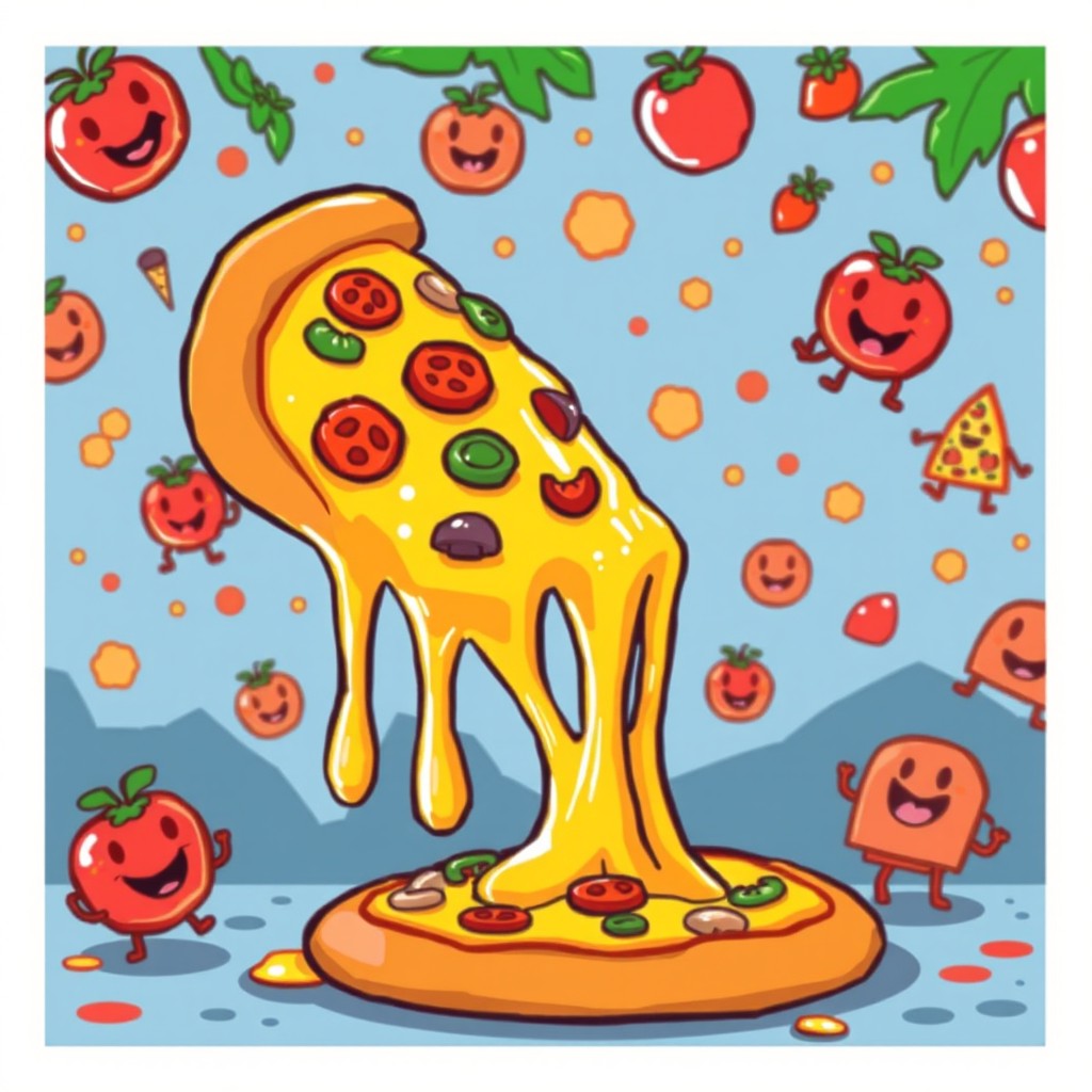 A vibrant pixel art illustration of a cheesy pizza melt, featuring gooey cheese stretching from a freshly baked, golden crust