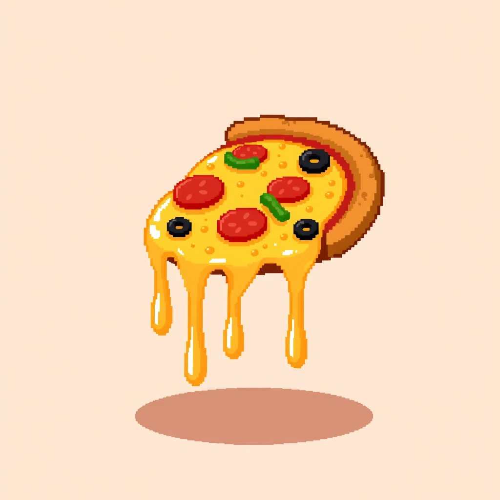 A delightful pixel art depiction of a cheesy melting pizza, showcasing delicious, gooey cheese cascading down from its perfectly baked crust