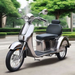 A contemporary, well-crafted passenger transport motorcycle tricycle, with a sturdy frame, streamlined design, sleek metallic finish, and comfortable seating for passengers.