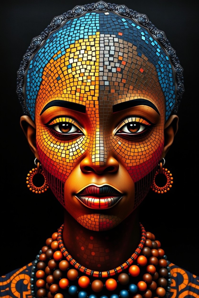 A decorative portrait of an African woman, stylized as a vibrant mosaic