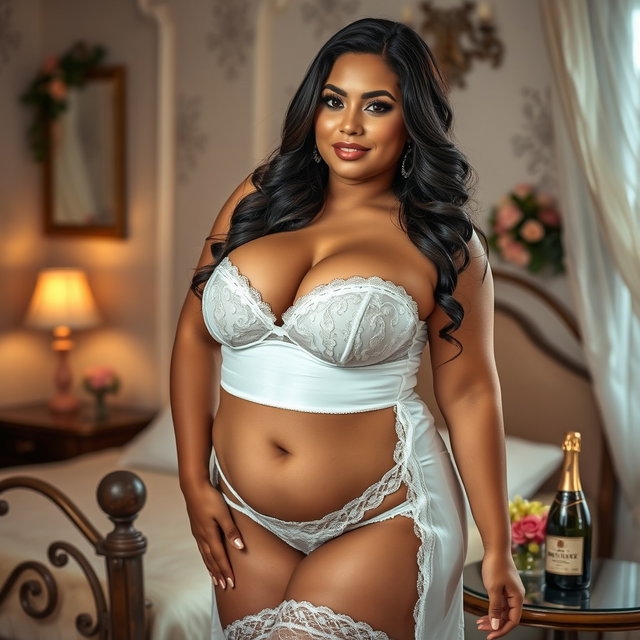 Plump Latina woman in a sexy bridal outfit featuring alluring lingerie and garters, showing off her curvy figure, standing confidently in a tastefully decorated romantic bedroom