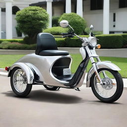 A contemporary, well-crafted passenger transport motorcycle tricycle, with a sturdy frame, streamlined design, sleek metallic finish, and comfortable seating for passengers.