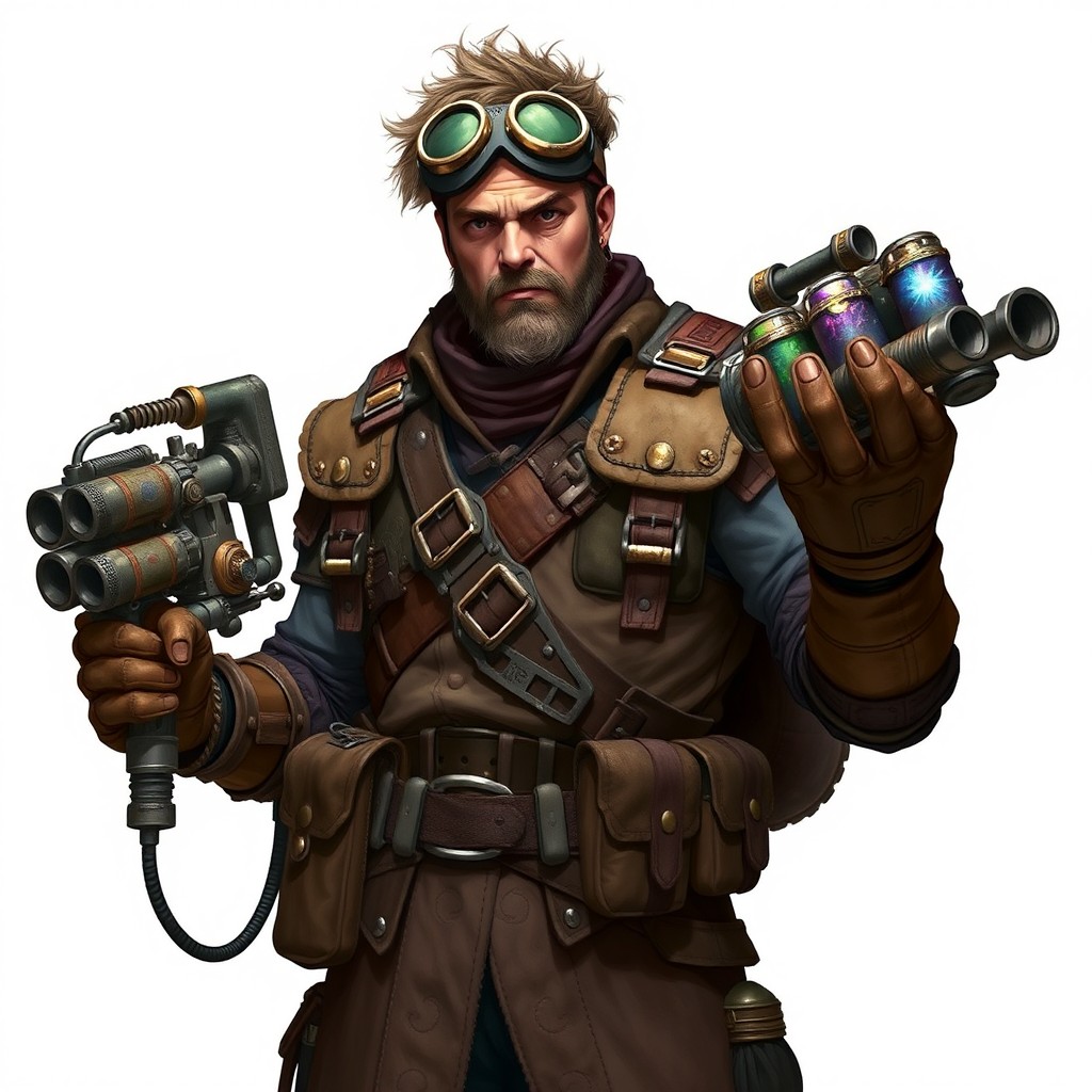 Full-body character design of a male human Grenadier Inventor from D&D 5E, depicted in forefront against a plain white background