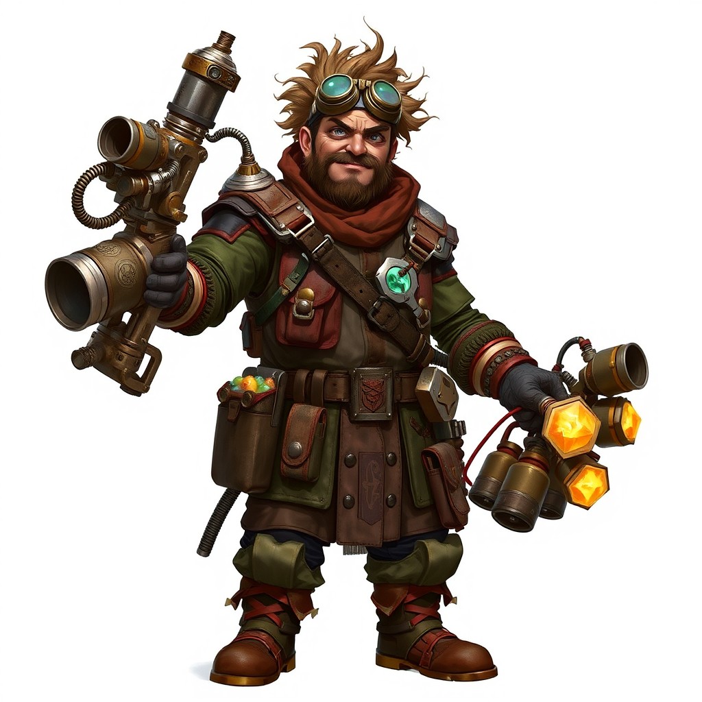 Full-body character design of a male human Grenadier Inventor, prominently displayed in the forefront