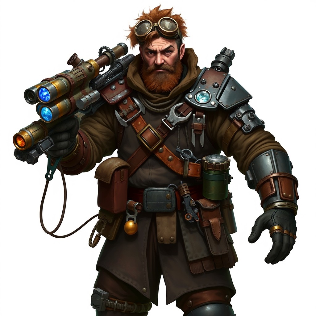 Full-body character design of a male human Grenadier Inventor from D&D 5E, presented in a darker style and depicted in forefront against a plain white background