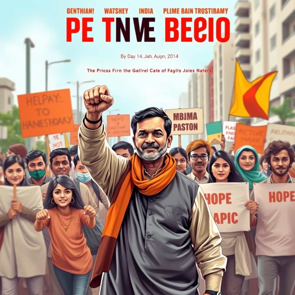 A powerful book cover design featuring an Indian man leading a group of diverse individuals in a protest