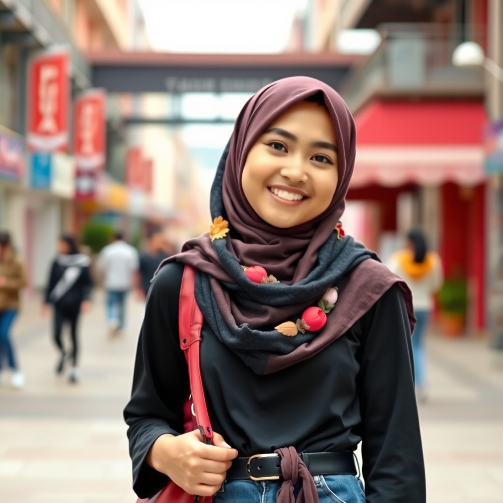 A fashionable teenage girl wearing a stylish hijab, confidently posing in a lively urban environment