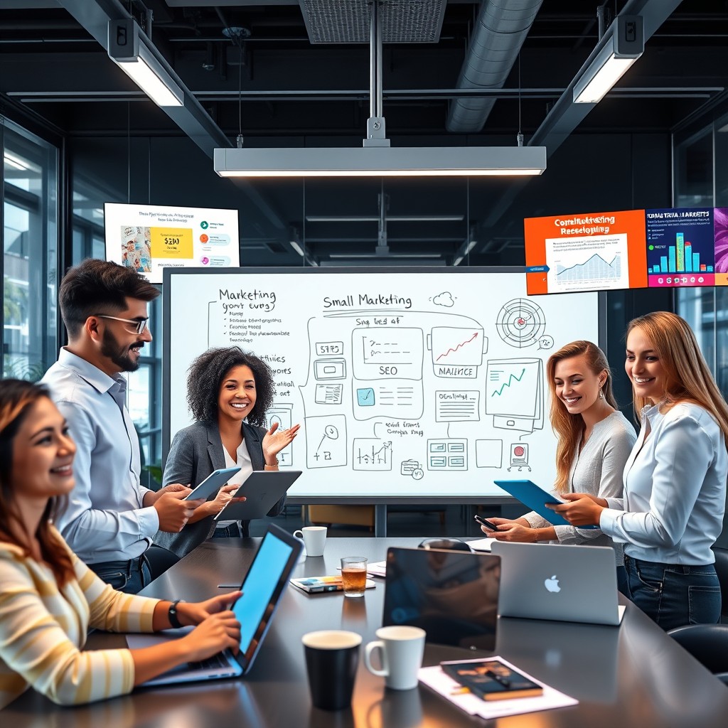 A visually engaging scene depicting a modern digital marketing strategy for small and medium enterprises (SMEs)