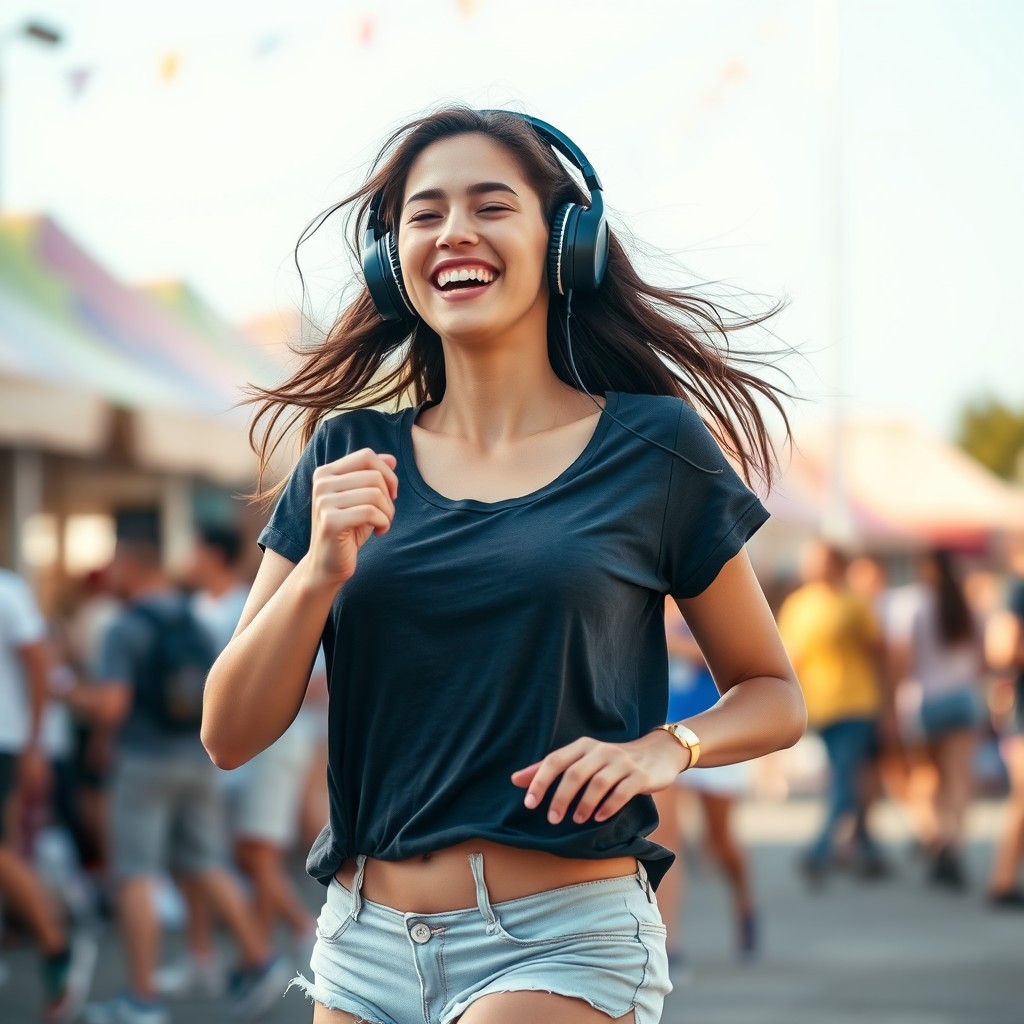 A beautiful light-skinned brunette woman dancing joyfully, wearing shorts and a t-shirt, with headphones on